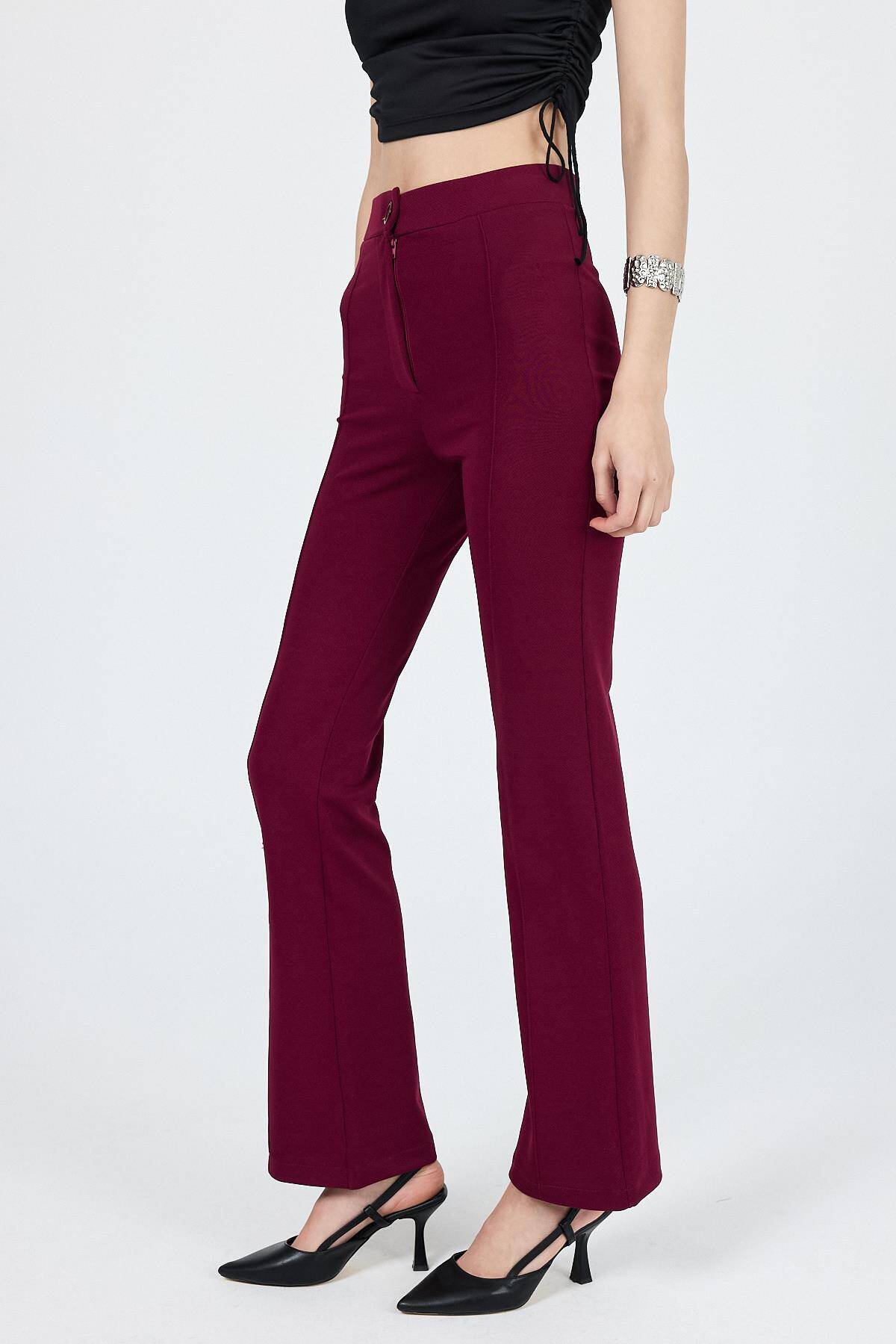 Bordo Straight/Düz Kesim Yüksek Bel Nervür Dikişli Örme Pantolon 6873 - 2