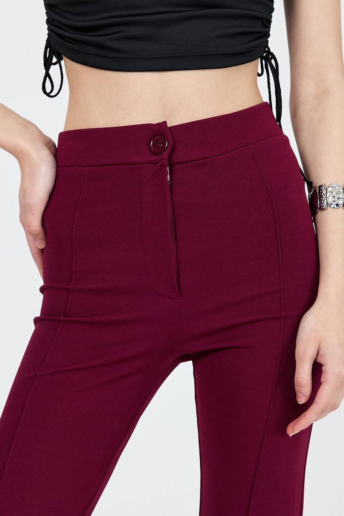 Bordo Straight/Düz Kesim Yüksek Bel Nervür Dikişli Örme Pantolon 6873 - 4