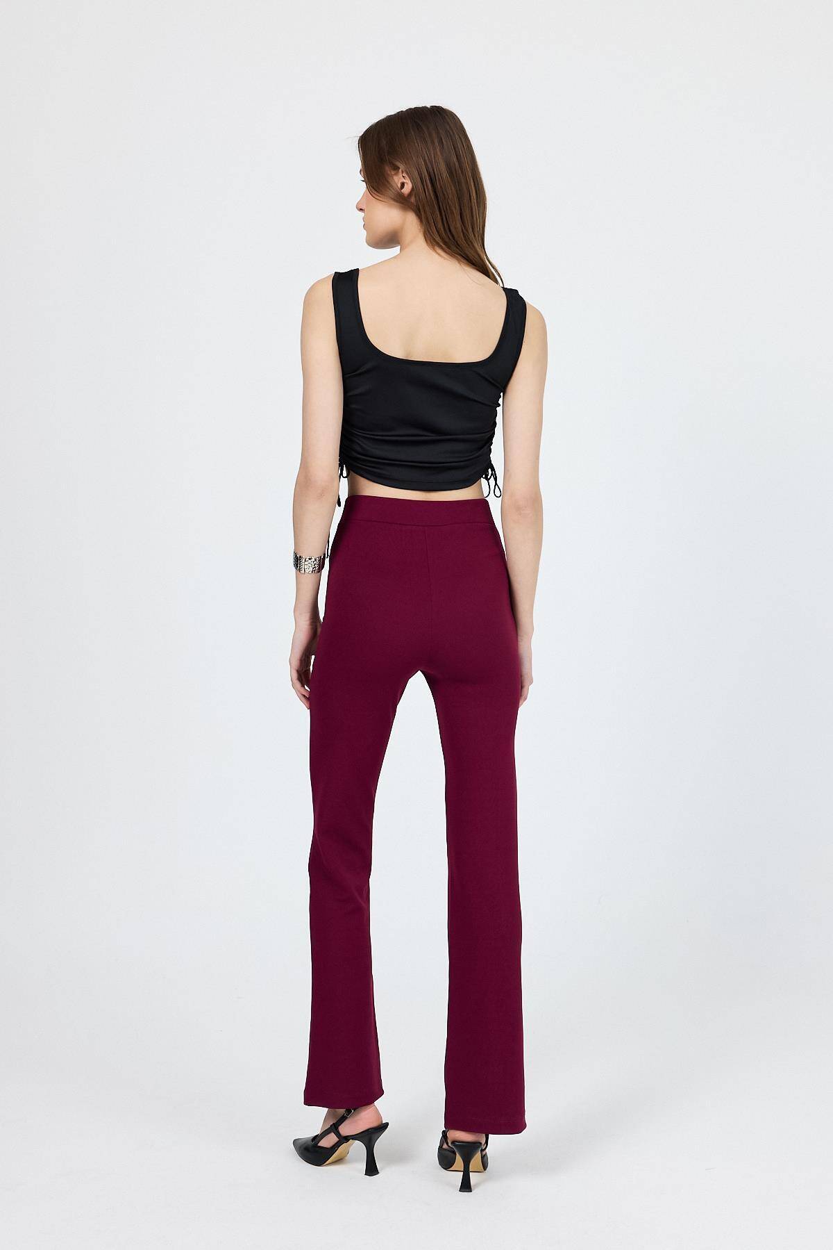 Bordo Straight/Düz Kesim Yüksek Bel Nervür Dikişli Örme Pantolon 6873 - 5