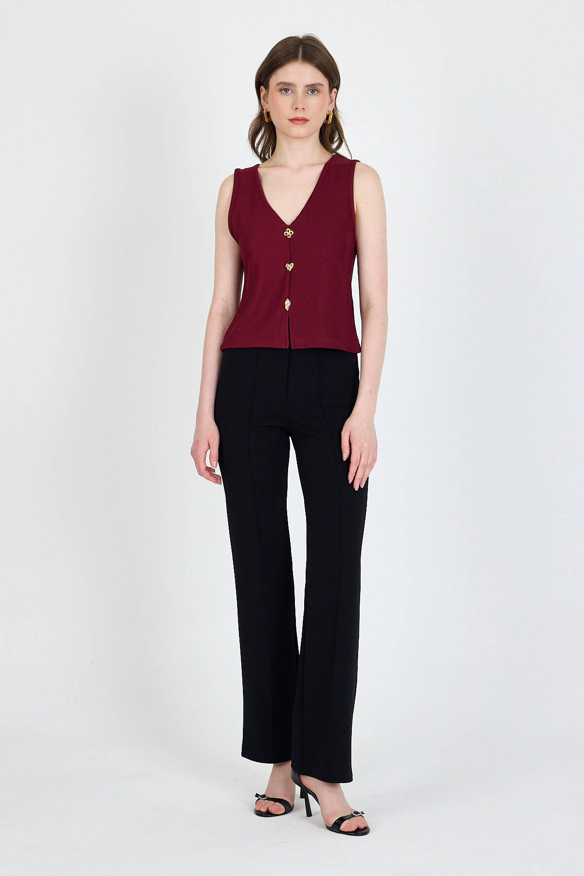 Bordo V Yaka Düğmeli Kolsuz Bluz 019 - 3