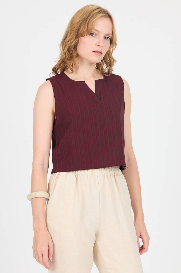 Bordo V Yaka Kolsuz Crop Bluz 8027 - 1