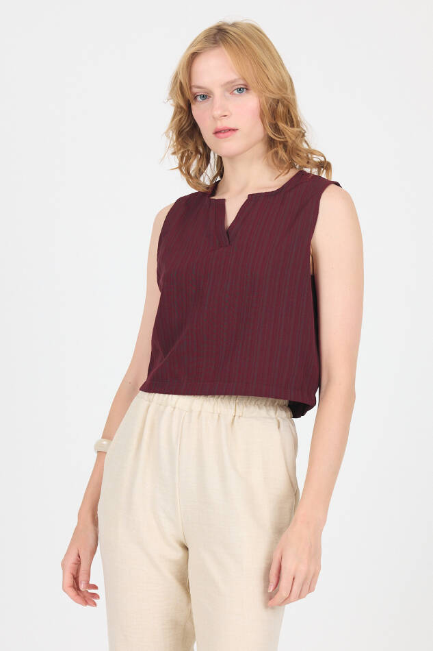 Bordo V Yaka Kolsuz Crop Bluz 8027 - 6