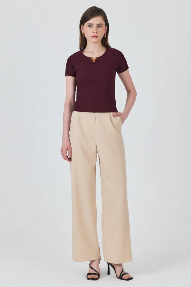 Bordo Yaka Aksesuar Detaylı Örme Tişört 2224 - 6