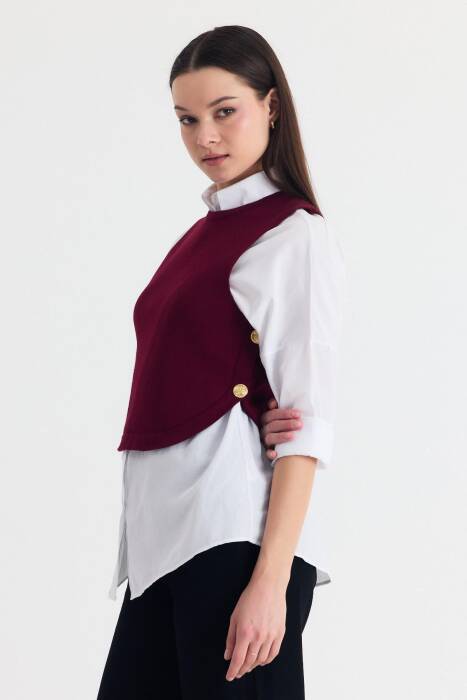 Bordo Yan Düğme Detay Sıfır Kol Süveter 2111 - Stilay