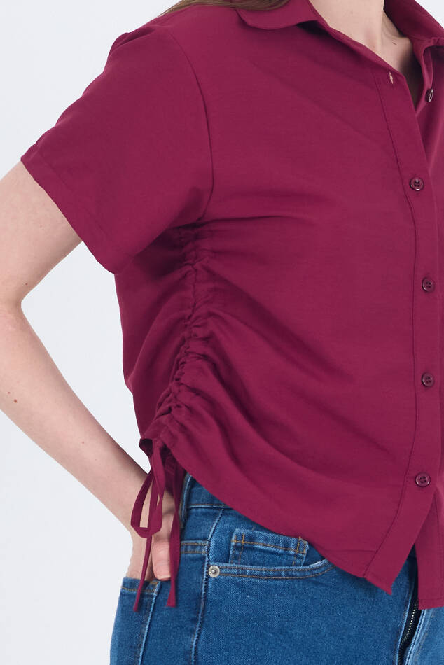 Bordo Yanları Büzgülü Bağcıklı Kısa Kollu Gömlek 4368A - 4
