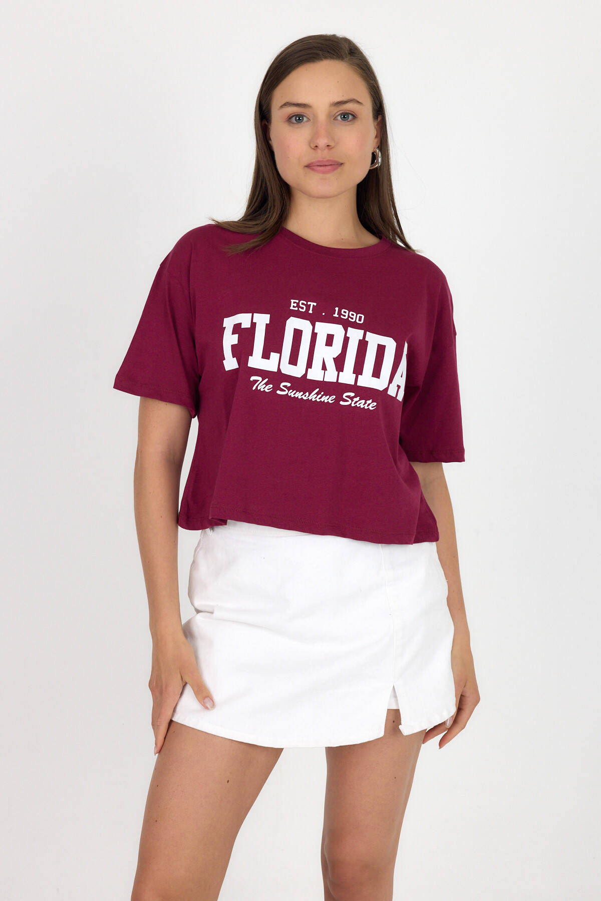 Bordo Yazı Baskılı %100 Pamuk Crop Tişört 9188M - Stilay