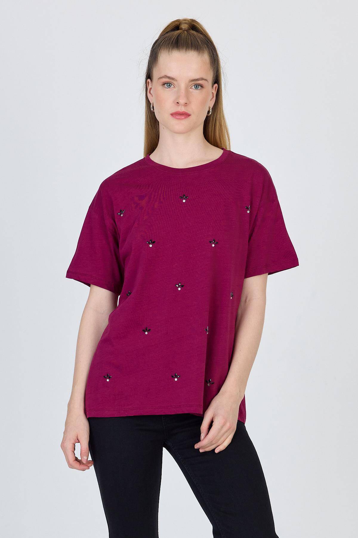 Bordo Yazı Baskılı %100 Pamuk Oversize Tişört 2150-18M - Stilay