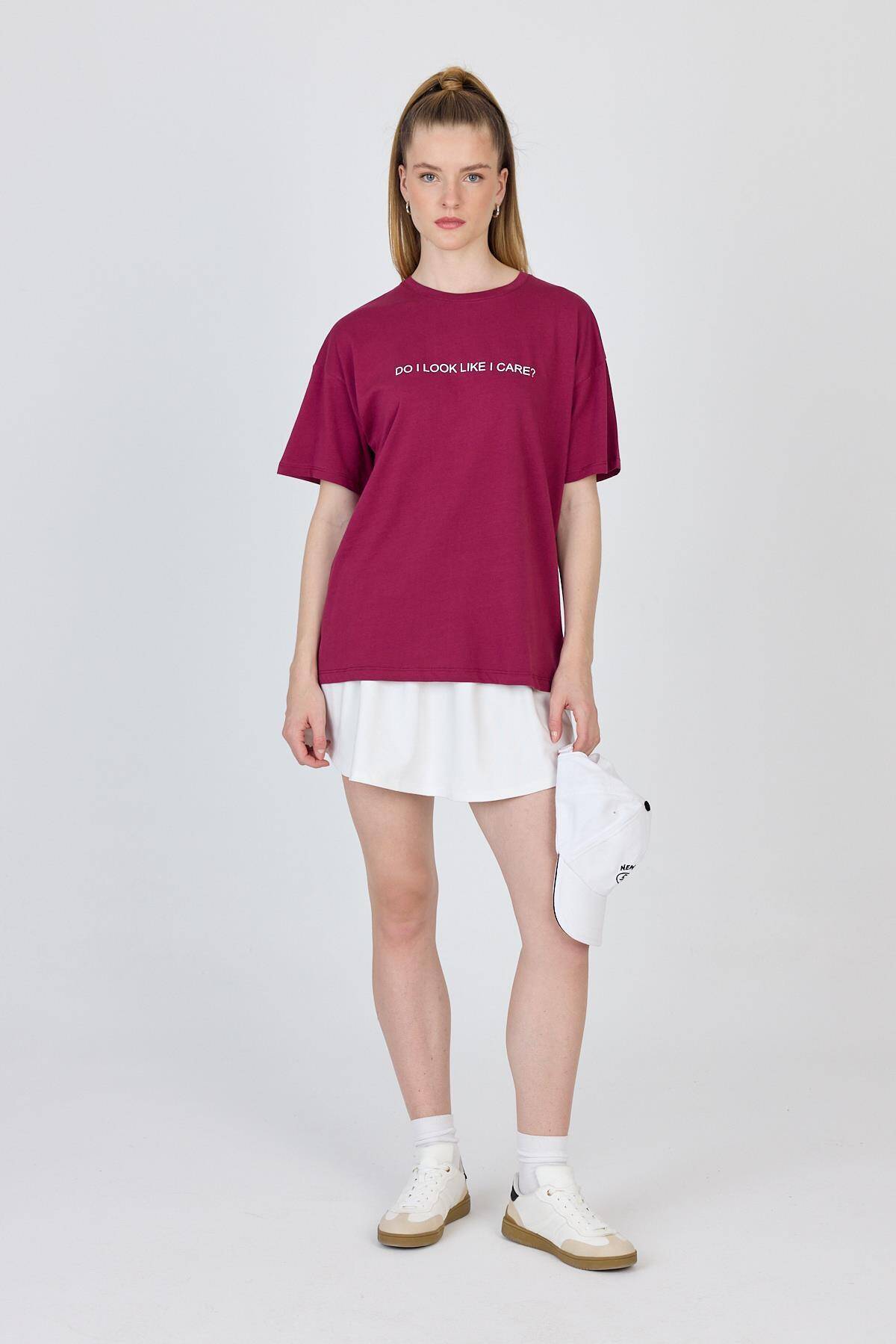 Bordo Yazı Baskılı %100 Pamuk Oversize Tişört 2150-5M - 2