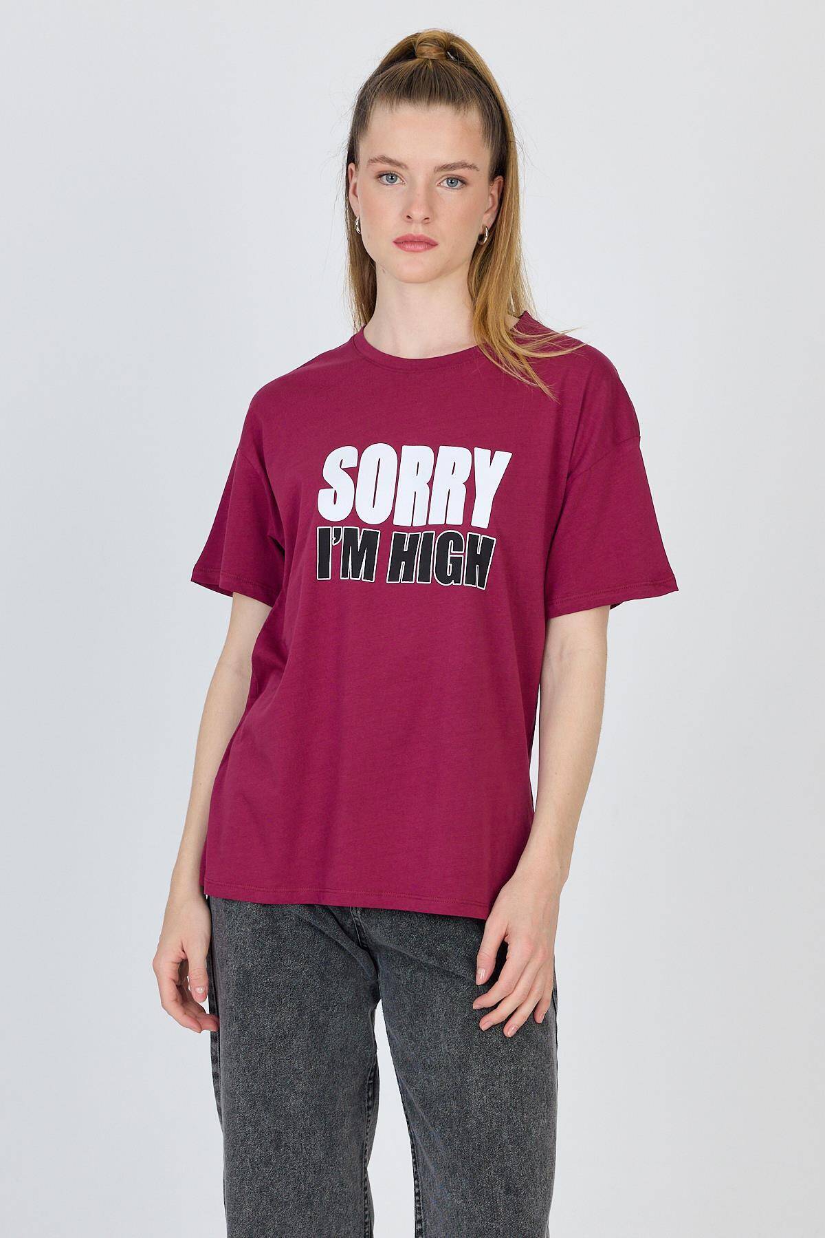 Bordo Yazı Baskılı %100 Pamuk Oversize Tişört 2150-7M 
