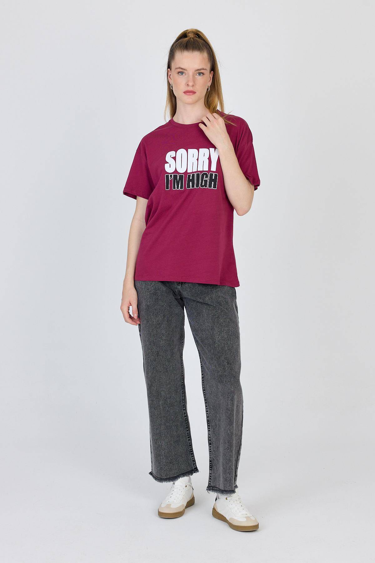 Bordo Yazı Baskılı %100 Pamuk Oversize Tişört 2150-7M - 2