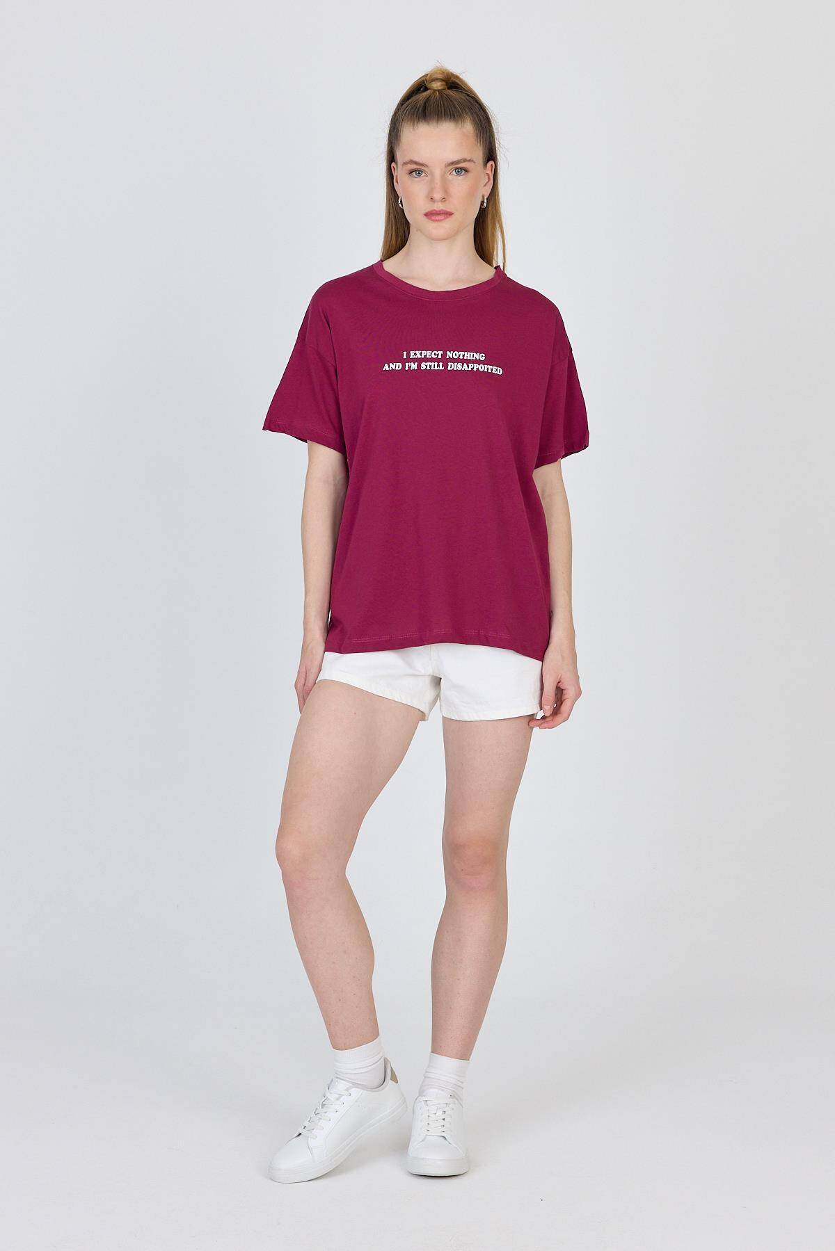 Bordo Yazı Baskılı %100 Pamuk Oversize Tişört 2150-8M - Stilay