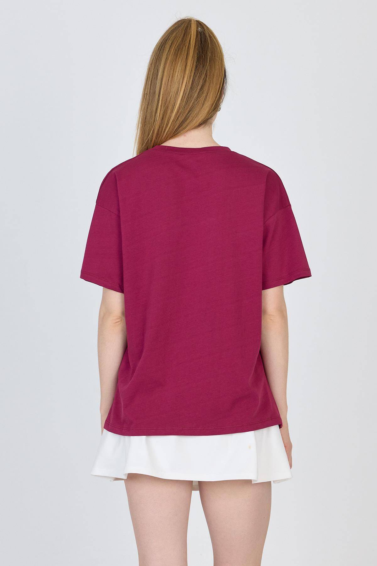 Bordo Yazı Baskılı %100 Pamuk Oversize Tişört 2150-9M - 5