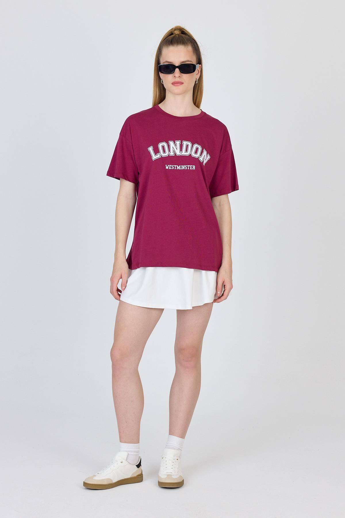 Bordo Yazı Baskılı %100 Pamuk Oversize Tişört 2150-9M - 6
