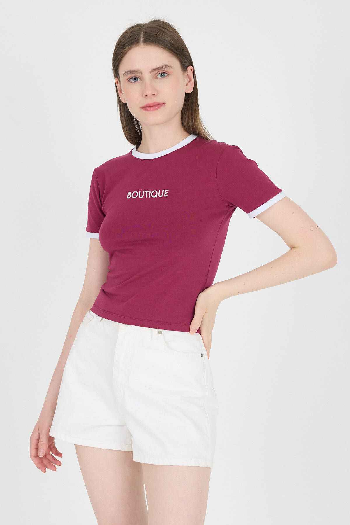 Bordo Yazı Baskılı Biyeli Pamuklu Slim Fit Tişört 9192M - 1