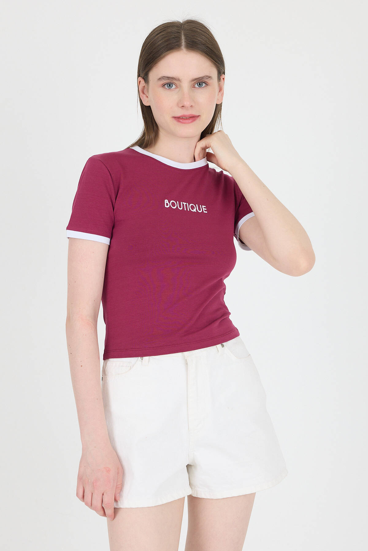 Bordo Yazı Baskılı Biyeli Pamuklu Slim Fit Tişört 9192M - Stilay