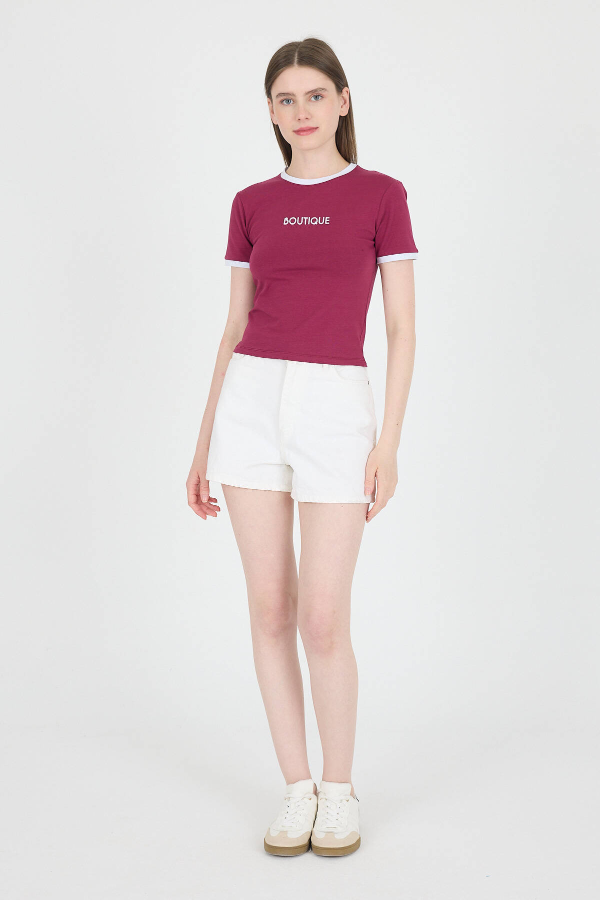Bordo Yazı Baskılı Biyeli Pamuklu Slim Fit Tişört 9192M - 3