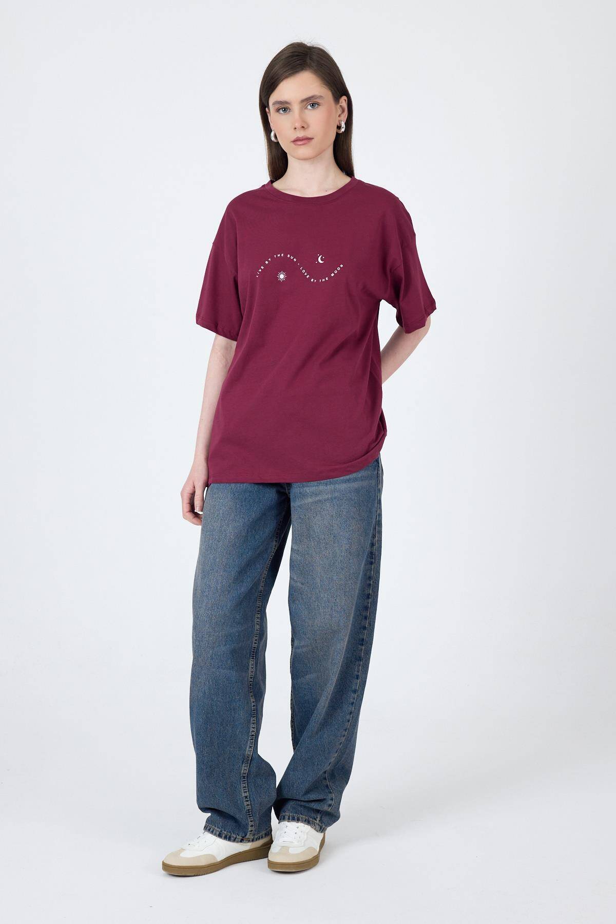 Bordo Yazı Baskılı Oversize Pamuklu Tişört 2150-32M - 3