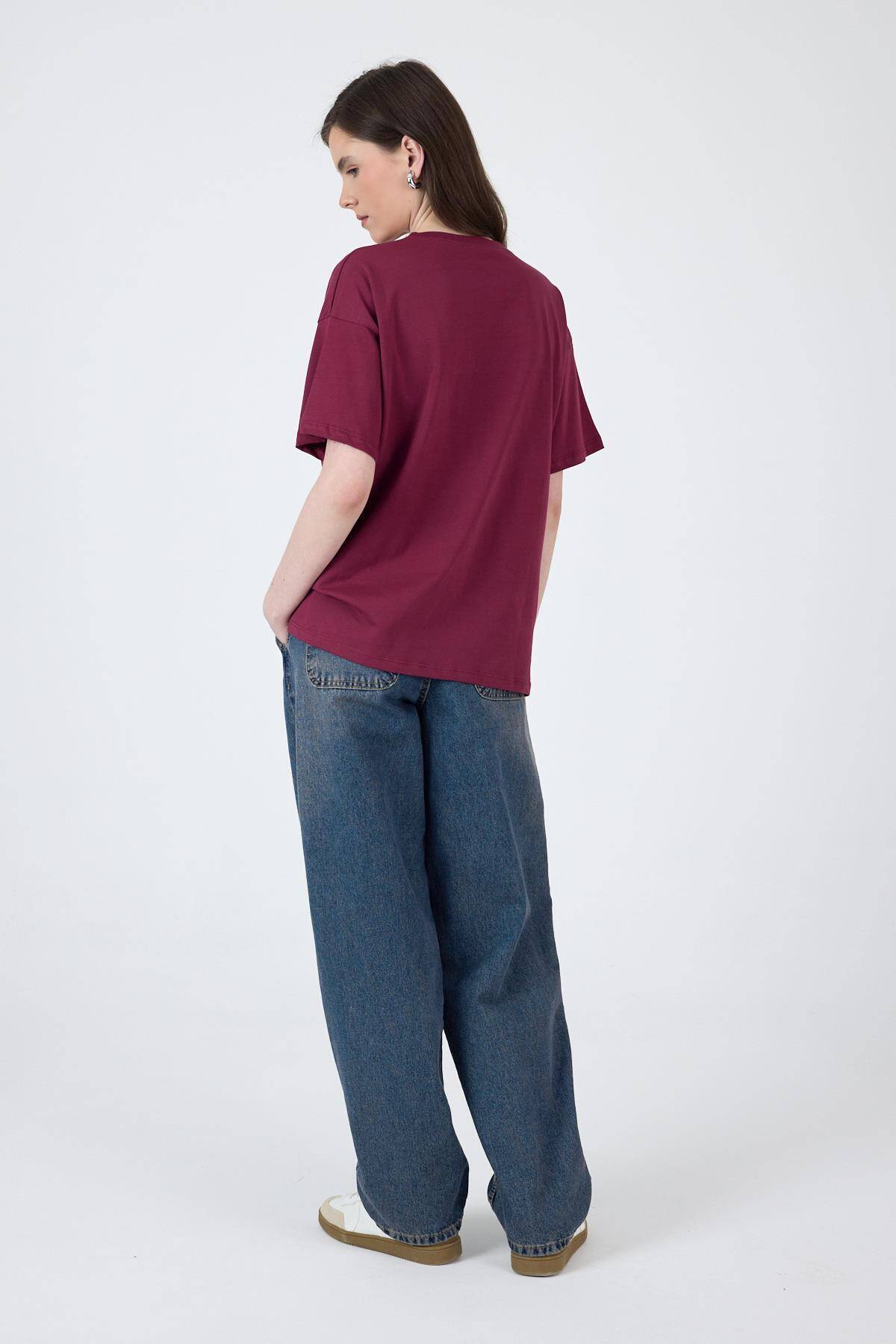 Bordo Yazı Baskılı Pamuklu Oversize Tişört 2150-3M - 5