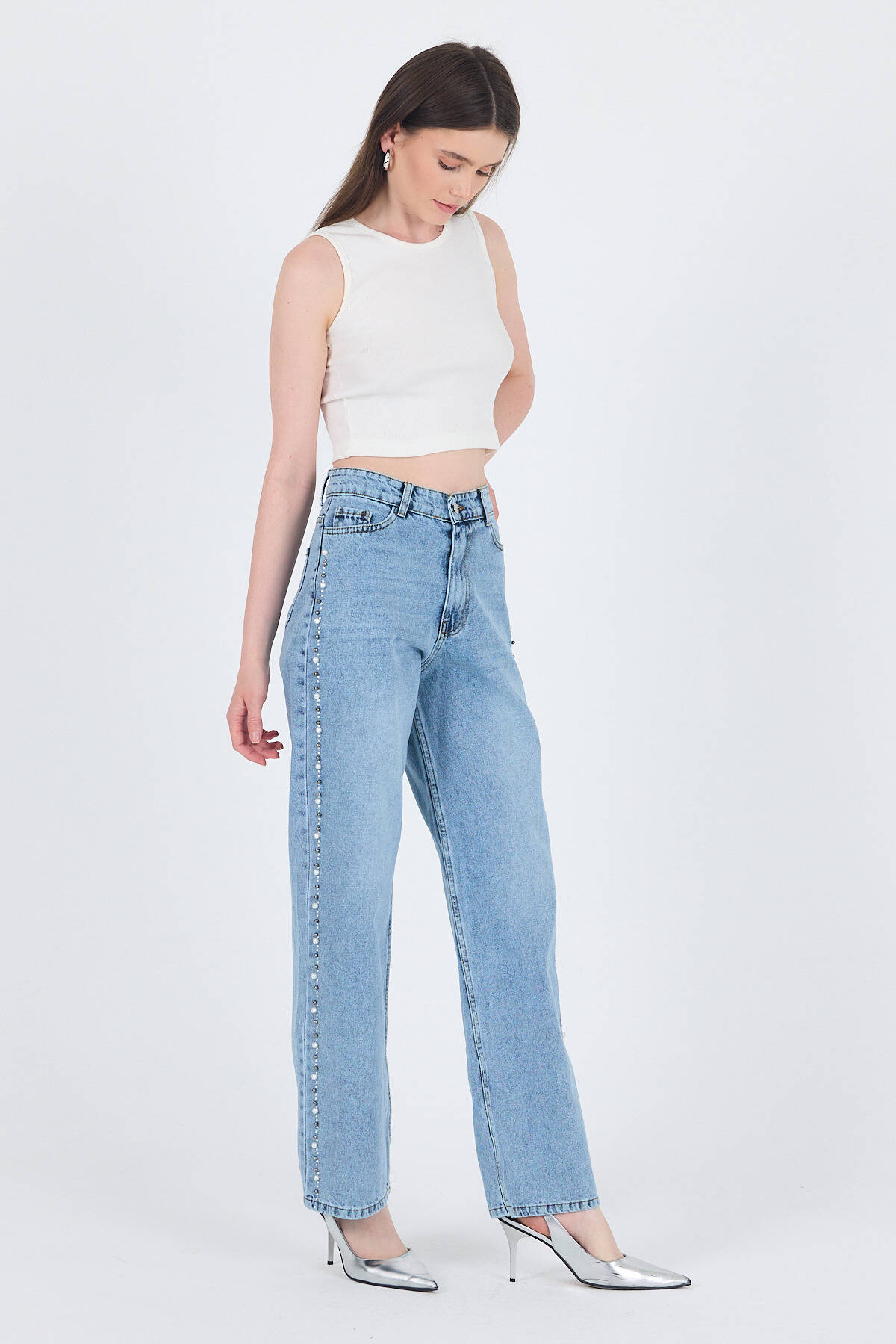 Buzkar Yanları İnci İşlemeli Yüksek Bel Straight Jean Pantolon 3312 - 2