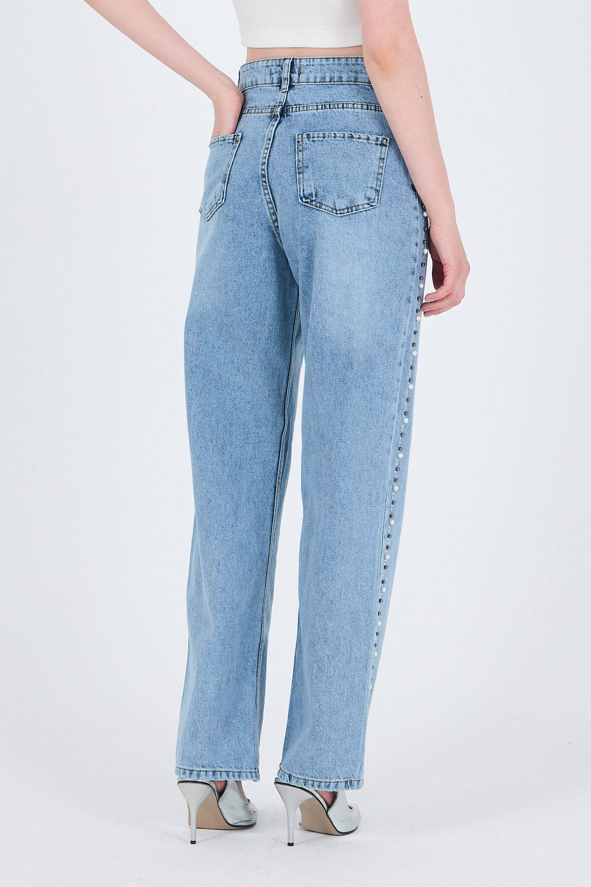 Buzkar Yanları İnci İşlemeli Yüksek Bel Straight Jean Pantolon 3312 - 6