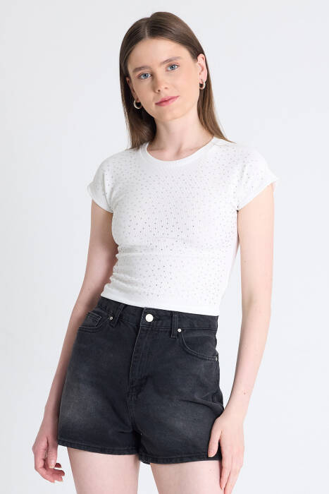 Byeaz Taş Detaylı Slim Fit Crop Tişört 9207M 