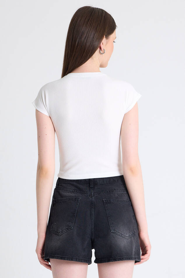 Byeaz Taş Detaylı Slim Fit Crop Tişört 9207M - 5