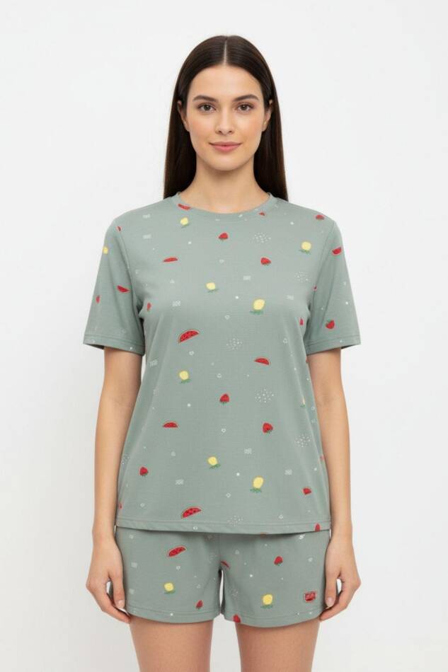 Çağla Yeşili Meyve Desenli Kısa Kollu Pijama Takımı 3407 - 1