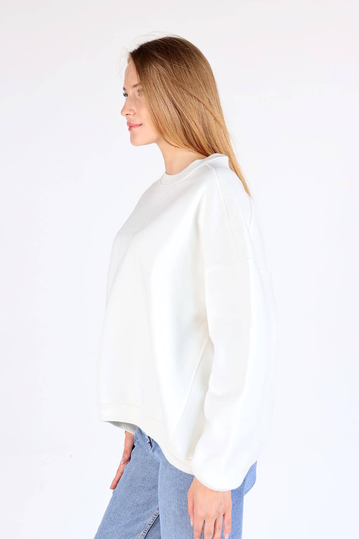 Ekru Bisiklet Yaka Oversize Kadın Sweatshirt 9152M - 4