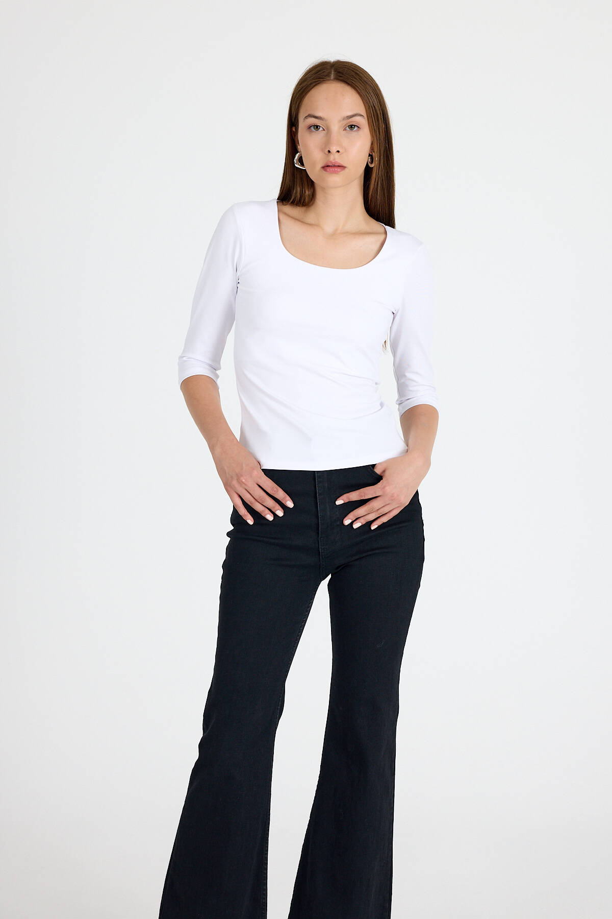 Ekru Kare Yaka Örme Body 9193M - Stilay