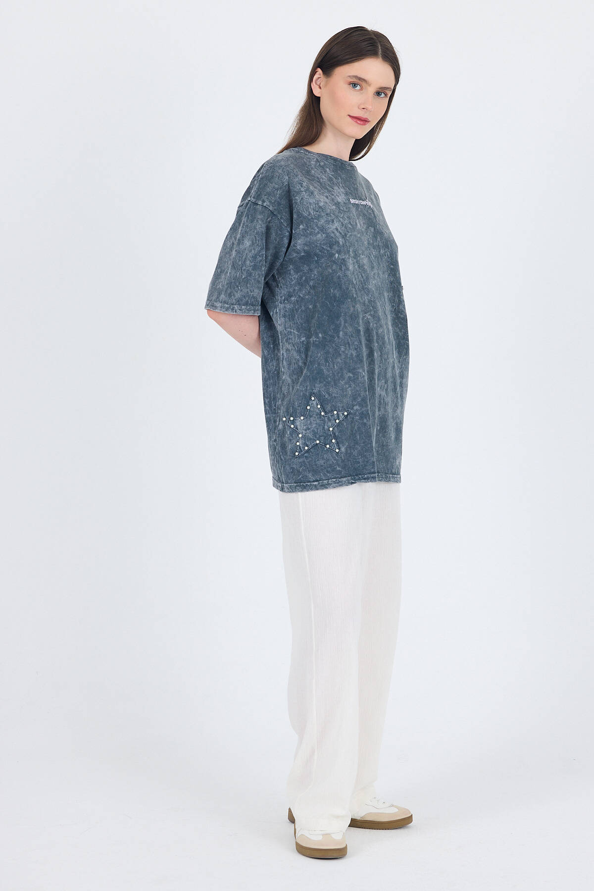 Füme İnci Yıldız Nakışlı Oversize Tişört 253018 - 3