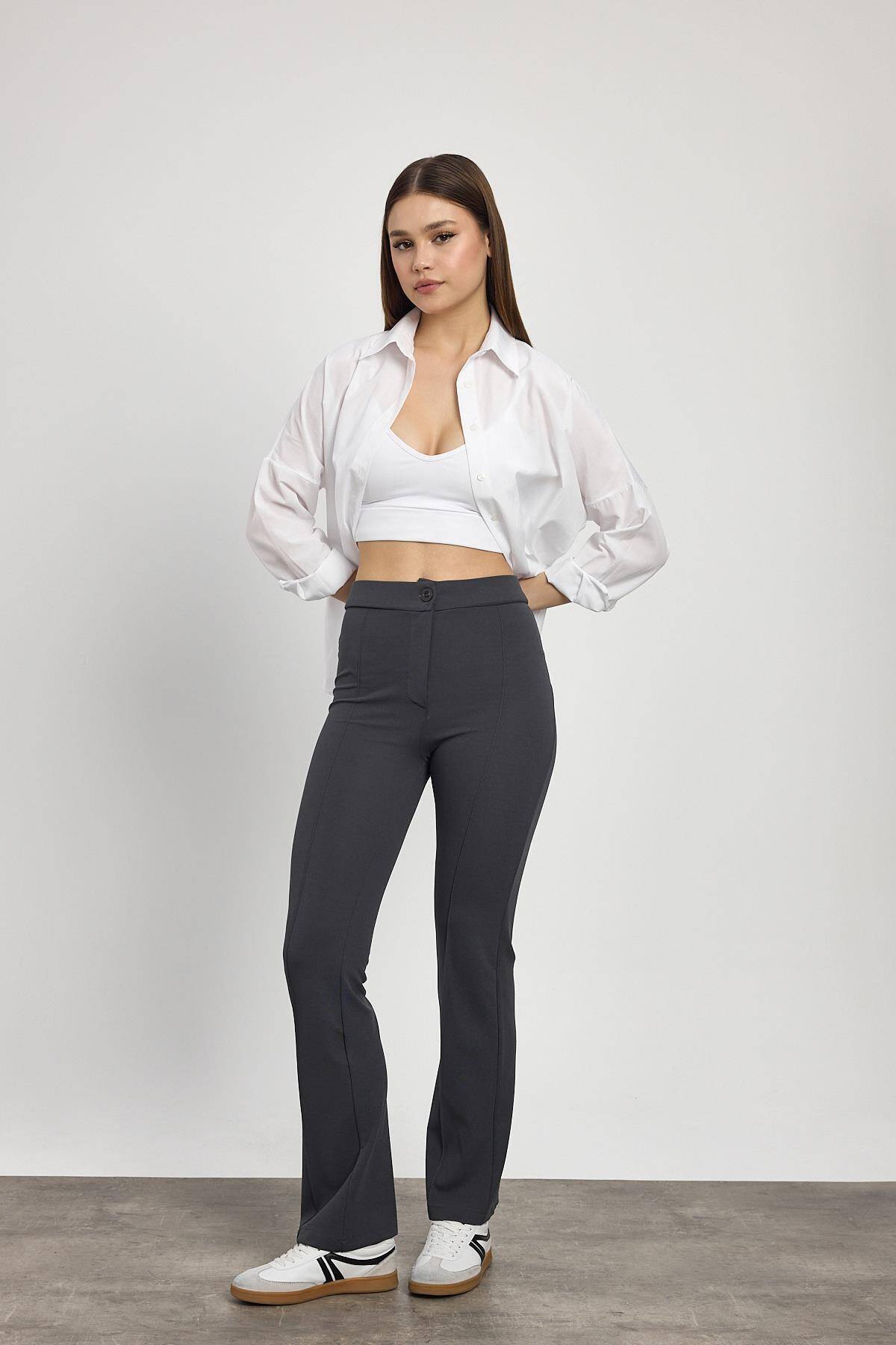 Füme Straight/Düz Kesim Yüksek Bel Nervür Dikişli Örme Pantolon 6873 - 1