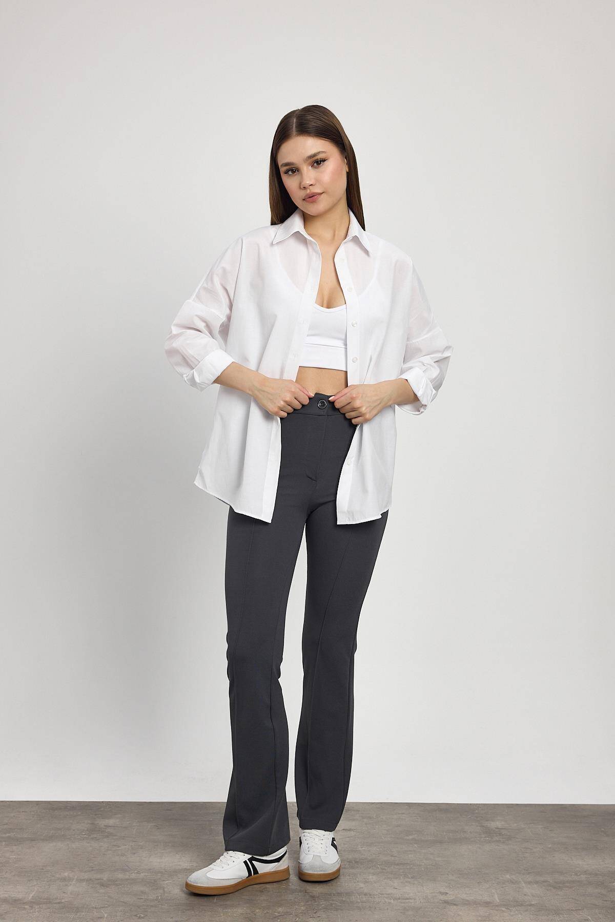Füme Straight/Düz Kesim Yüksek Bel Nervür Dikişli Örme Pantolon 6873 - 2