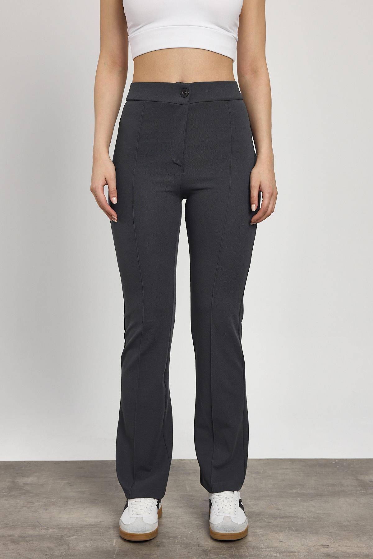 Füme Straight/Düz Kesim Yüksek Bel Nervür Dikişli Örme Pantolon 6873 - 3