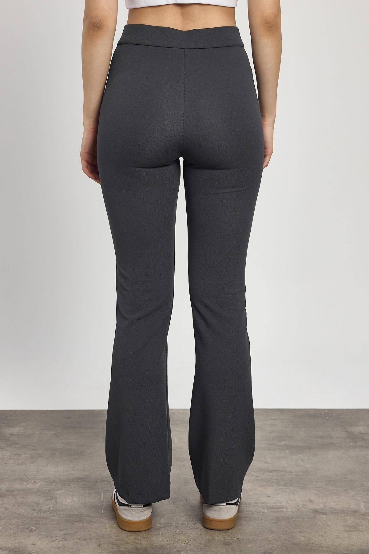 Füme Straight/Düz Kesim Yüksek Bel Nervür Dikişli Örme Pantolon 6873 - 5