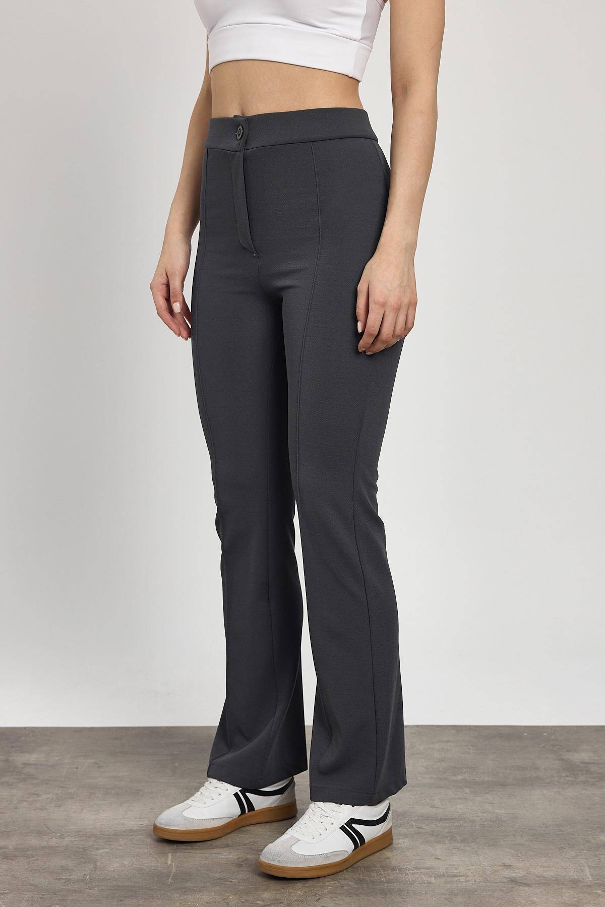 Füme Straight/Düz Kesim Yüksek Bel Nervür Dikişli Örme Pantolon 6873 - 7