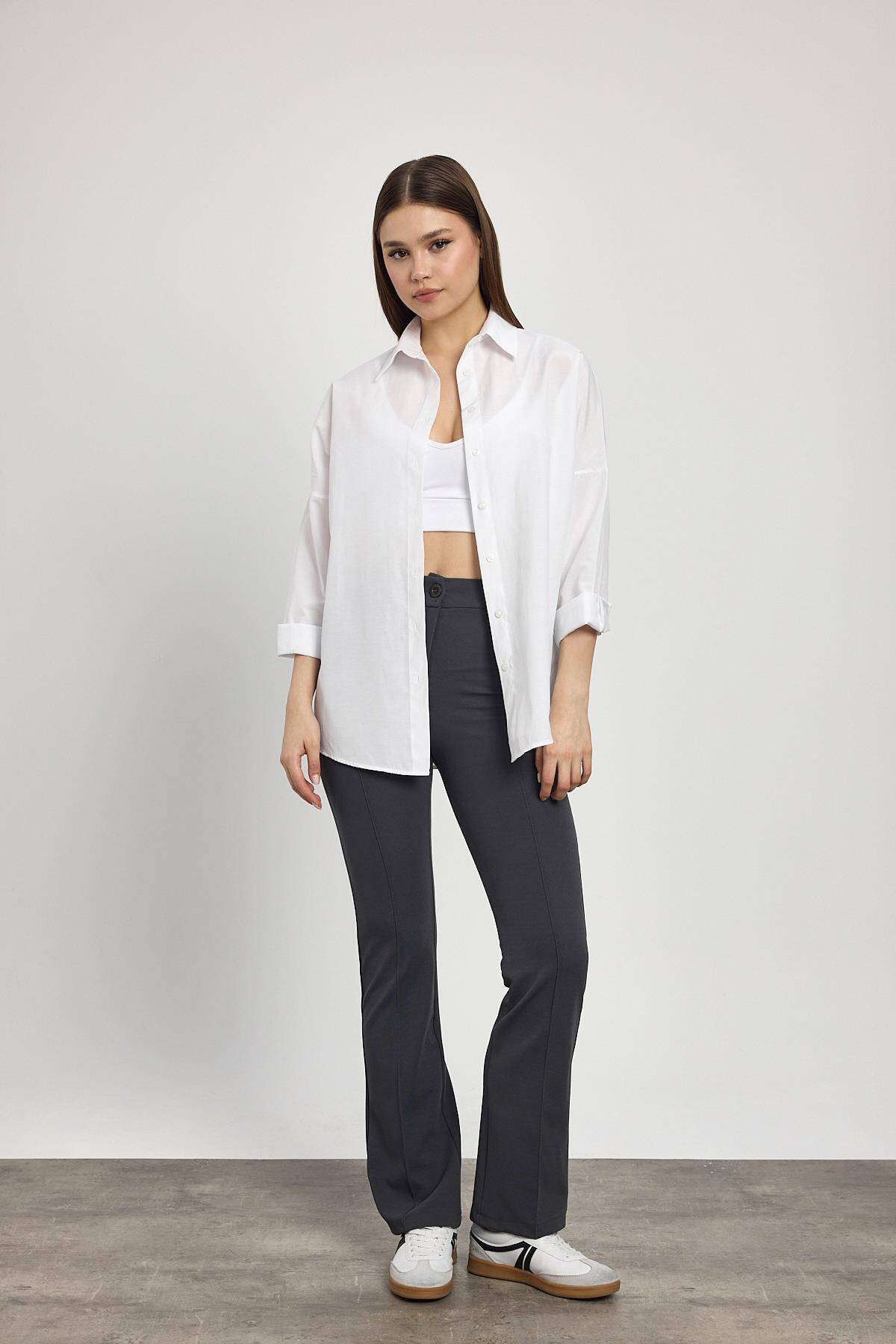 Füme Straight/Düz Kesim Yüksek Bel Nervür Dikişli Örme Pantolon 6873 - 8