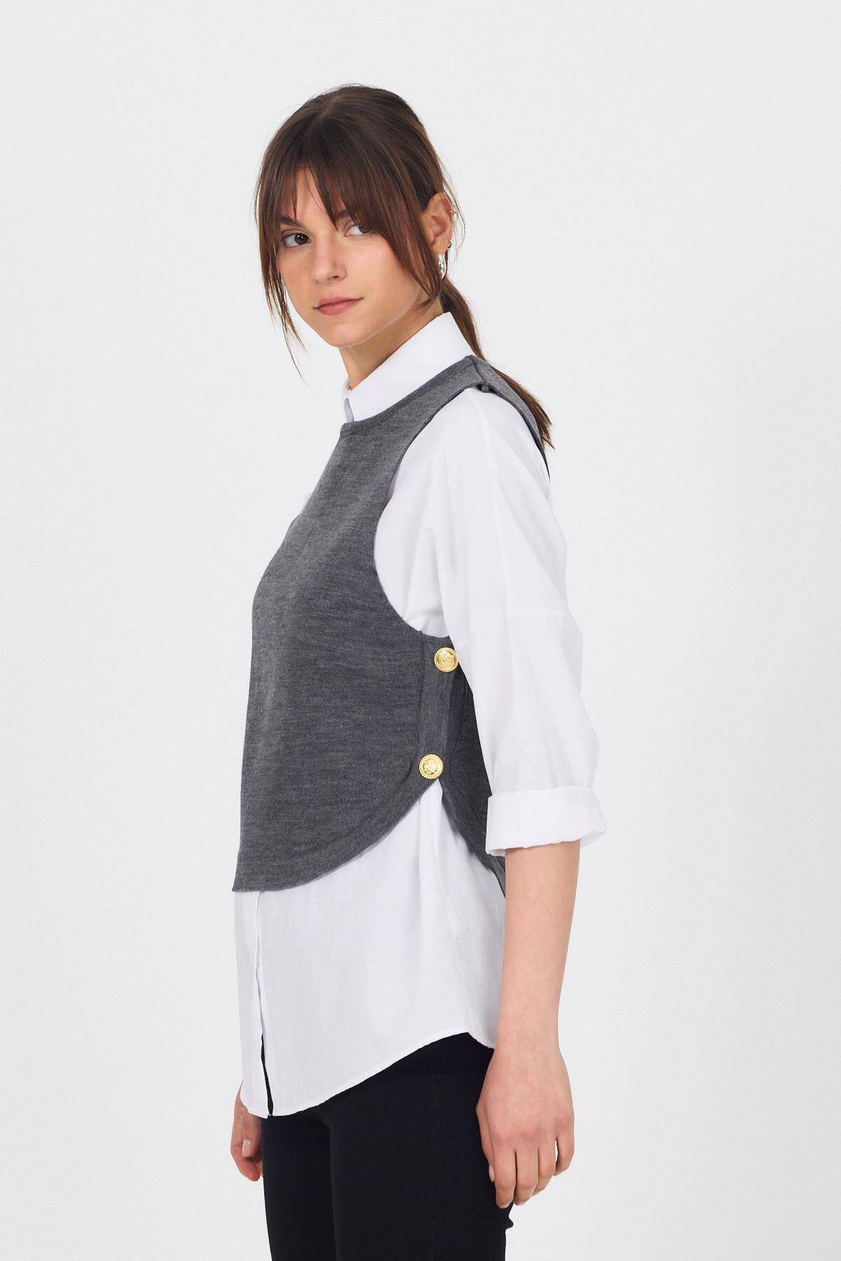 Füme Yan Düğme Detay Sıfır Kol Süveter 2111 - Stilay