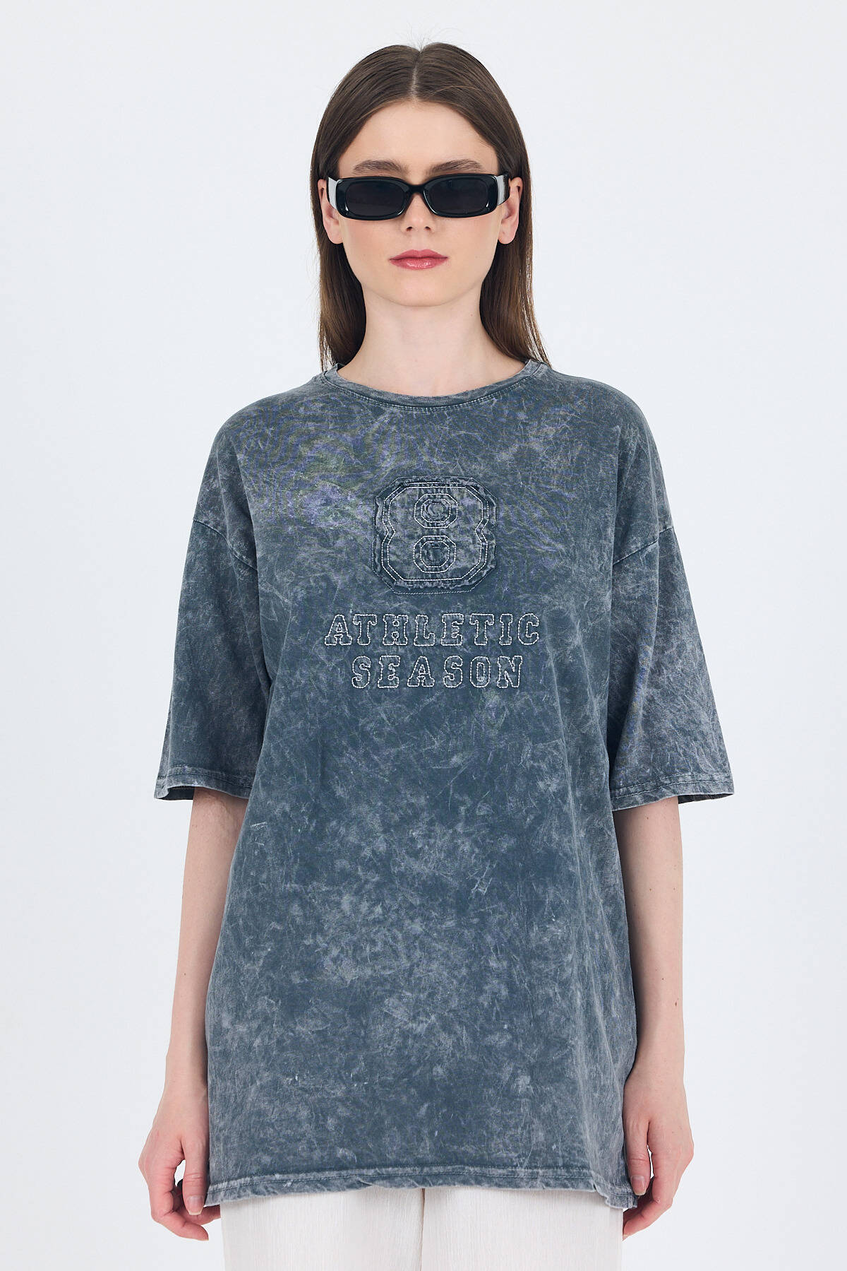 Füme Yazı Nakışlı Oversize Tişört 253017 - 1