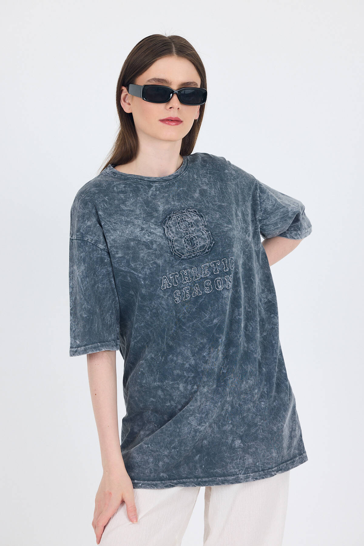 Füme Yazı Nakışlı Oversize Tişört 253017 - Stilay