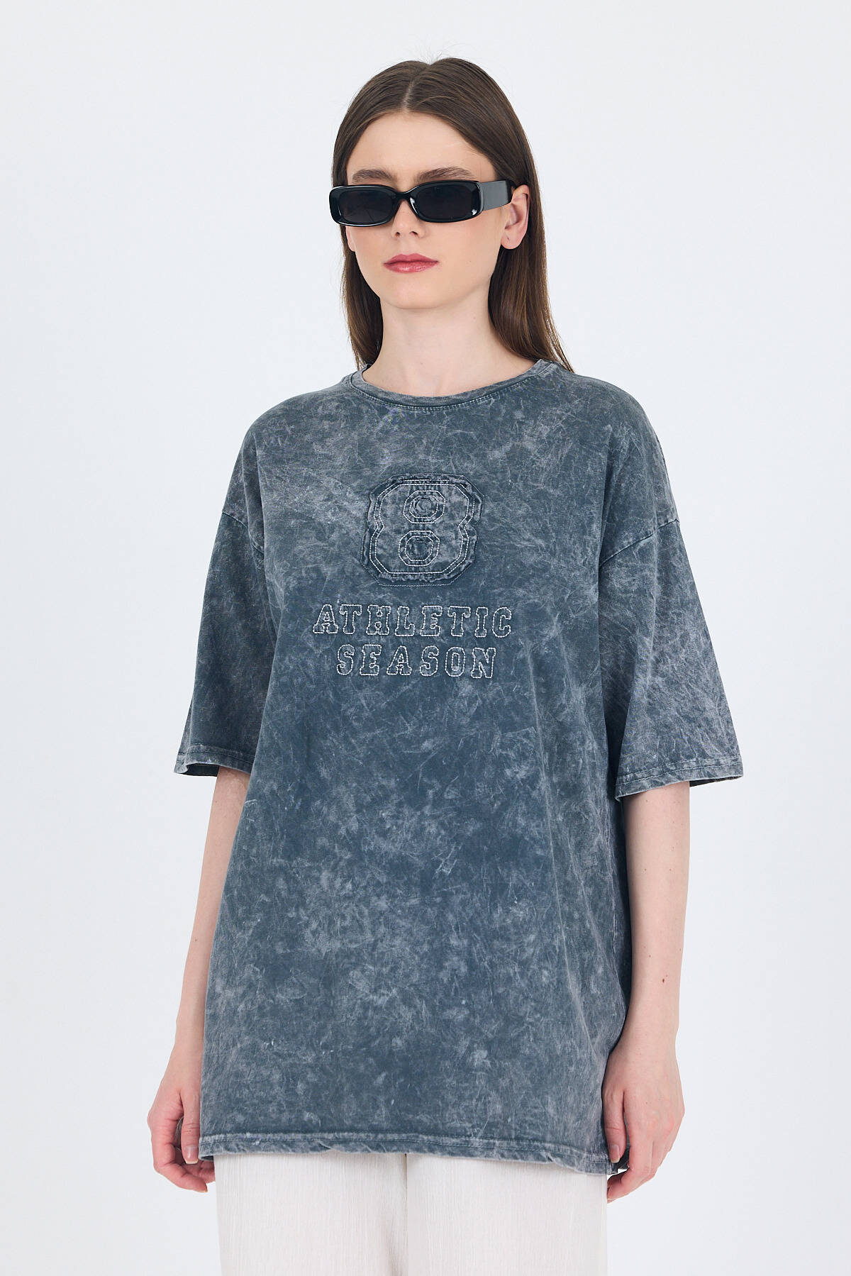 Füme Yazı Nakışlı Oversize Tişört 253017 - 4