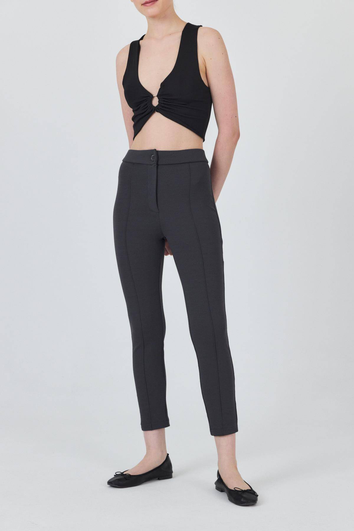 Füme Yüksek Bel Nervür Dikiş Detaylı Tayt Pantolon 6875A - Stilay