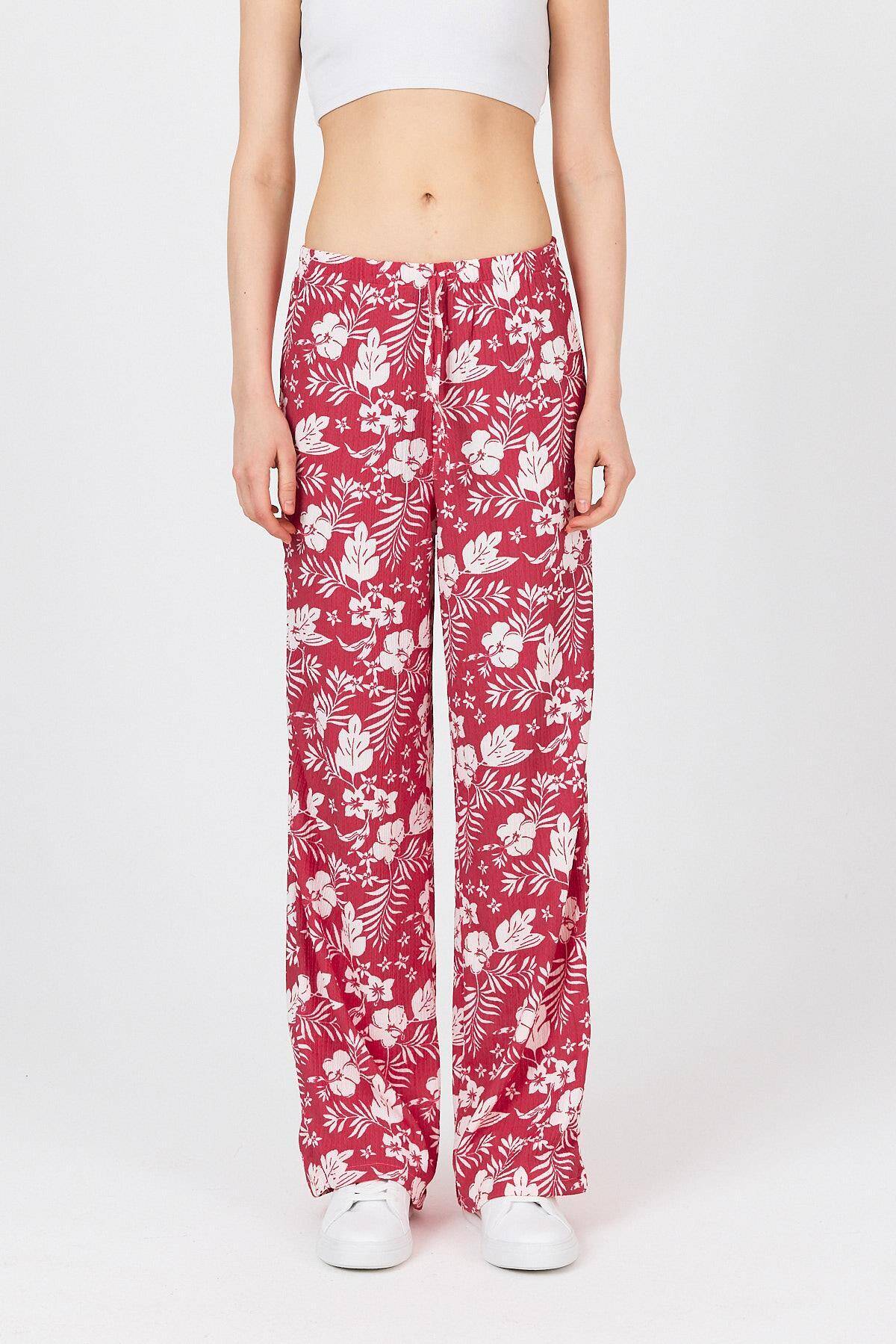 Fuşya Bel Lastikli Desenli Pantolon 4725A - Stilay