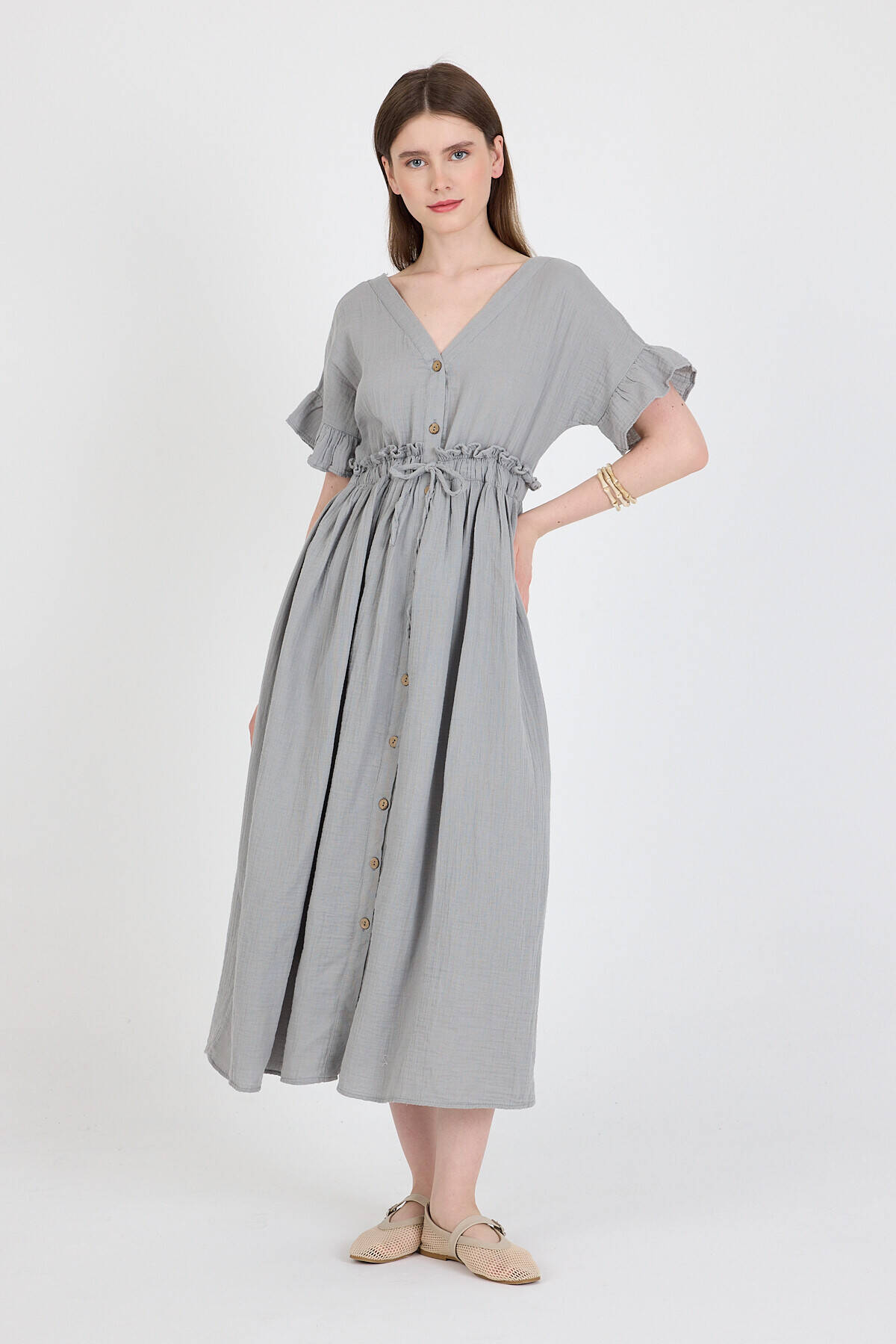 Gri %100 Pamuk Fırfır Kol Detaylı Düğmeli Elbise 4781A - Stilay