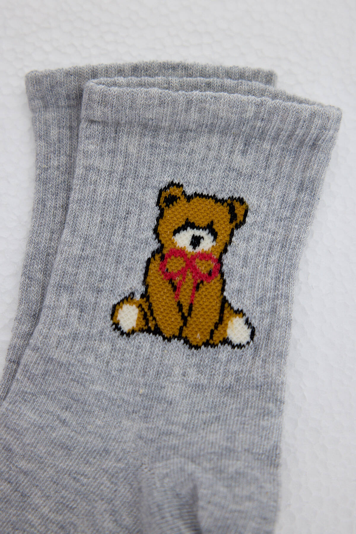 Gri Ayı Desenli Örme Soket Çorap 1214 - Stilay