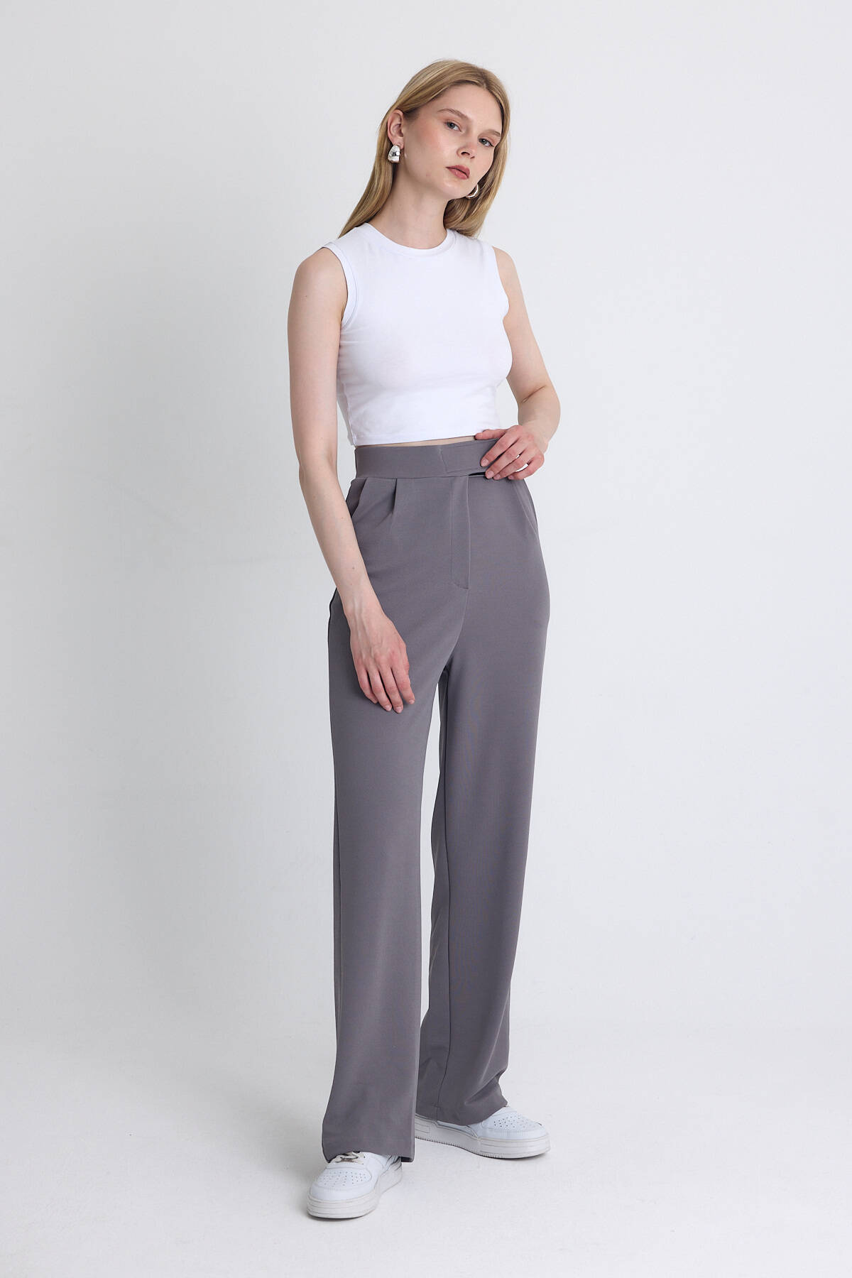 Gri Likralı Cırt Kapama Detaylı Palazzo Pantolon 4055A - Stilay