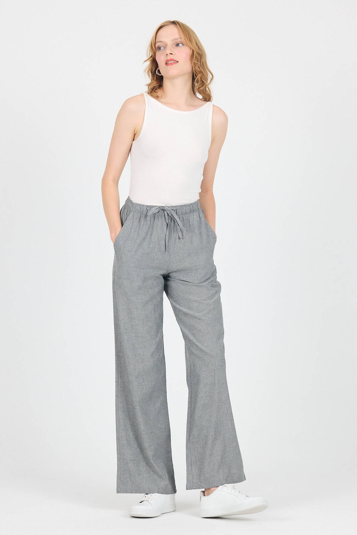 Gri Pamuklu Bel Lastikli Wide Leg/Bol Paça Pantolon 4754A - Stilay