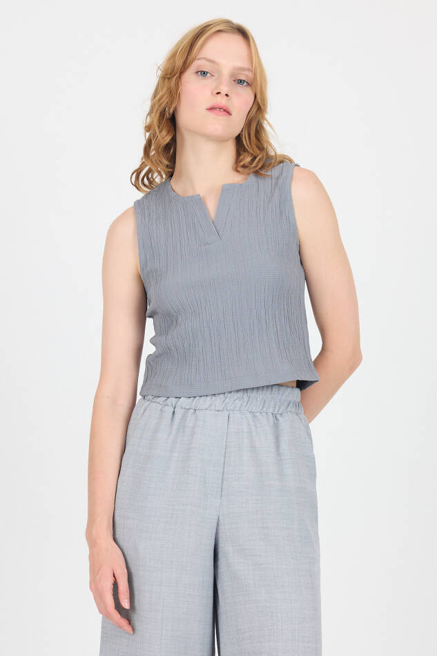 Gri V Yaka Kolsuz Crop Bluz 8027 - 2