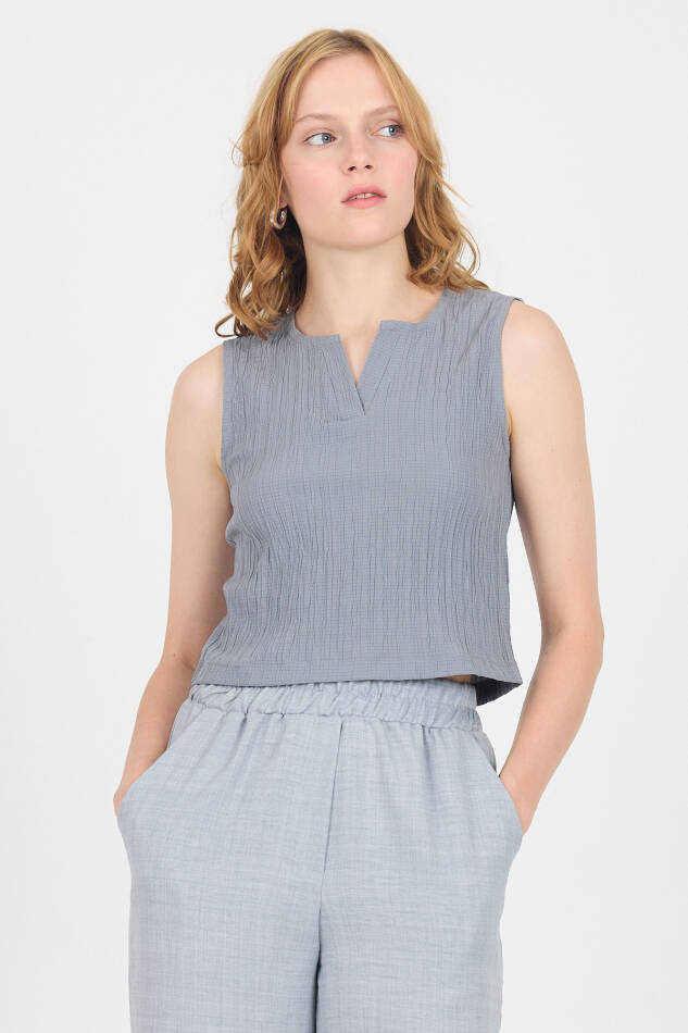 Gri V Yaka Kolsuz Crop Bluz 8027 - 6