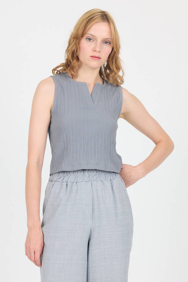 Gri V Yaka Kolsuz Crop Bluz 8027 - 7