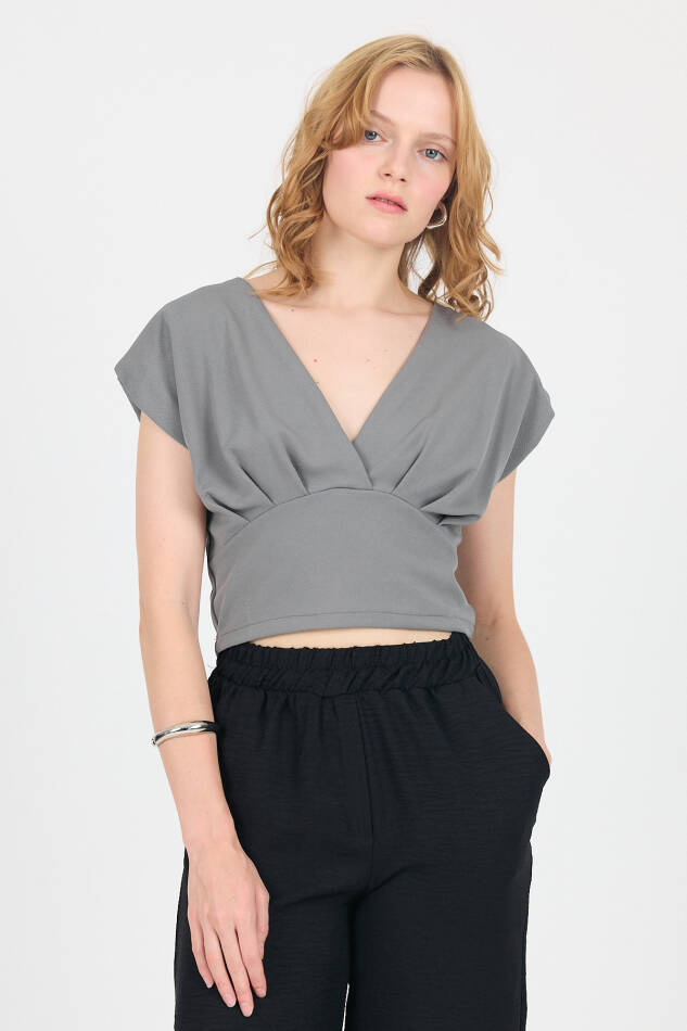 Gri Vatkalı V Yaka Kruvaze Crop Bluz 4227 - 1
